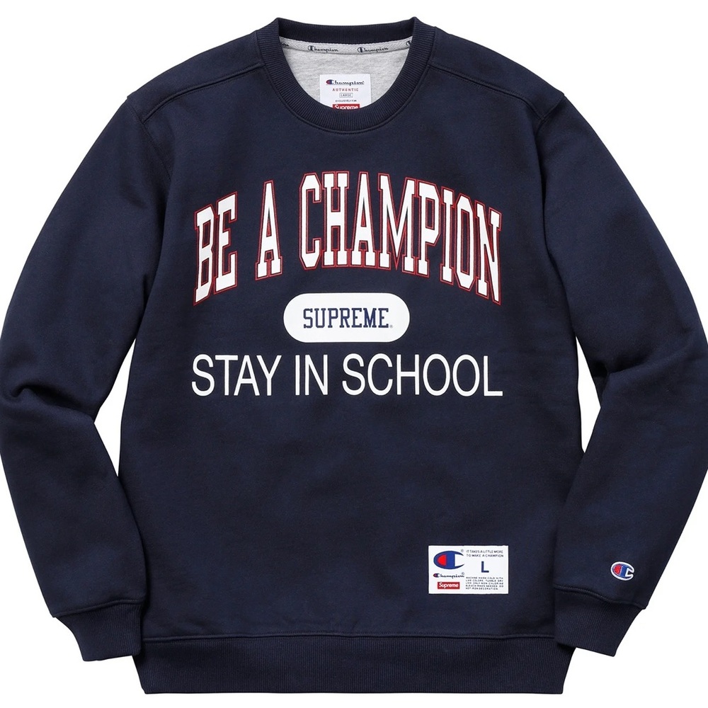 Supreme X Champion Navy Stay in School Crewneck Sweatshirt♥️